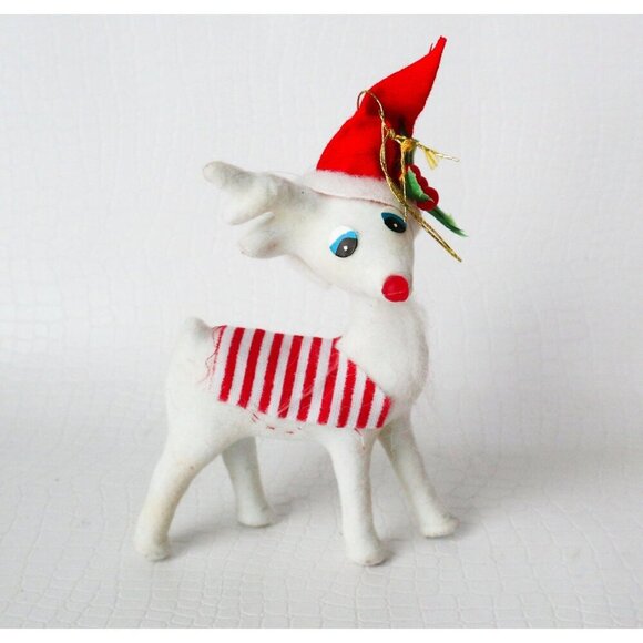 5 Vintage Flocked Christmas Tree Ornaments Deer Bird House With White Dove & Bea - Picture 4 of 7